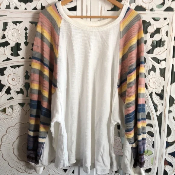 NWT Free People Rainbow Dreams Oversized Pullover Knit Thermal Sweater L